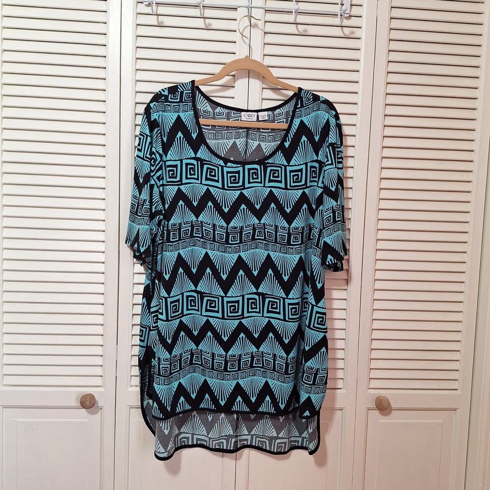 Cato Woman Tunic Top Aqua Blue Black Geometric Greek Key Plus Size 22/24W